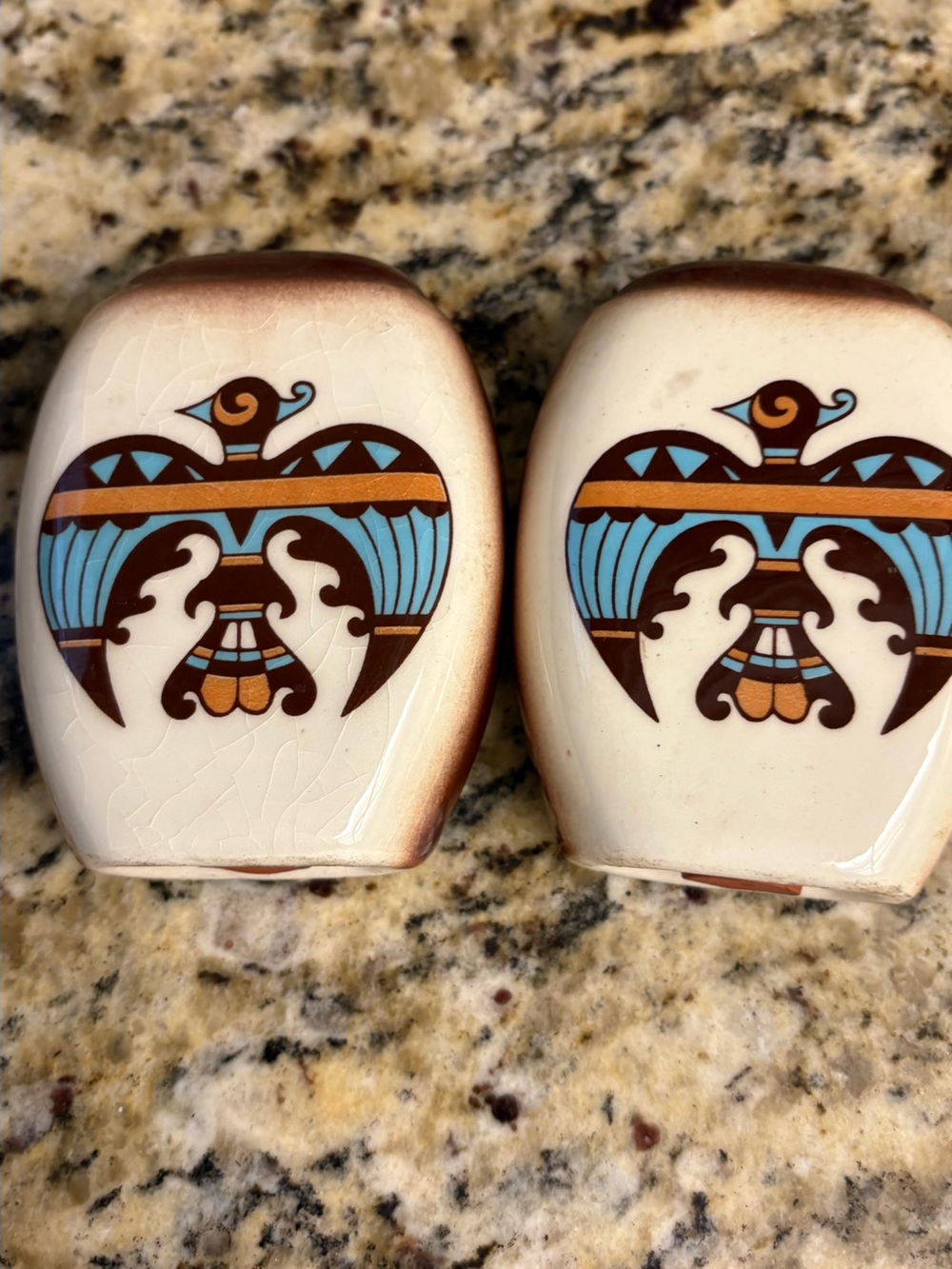 Vintage Style Cream Ceramic Salt & Pepper Shakers with Turquoise and Brown Motif